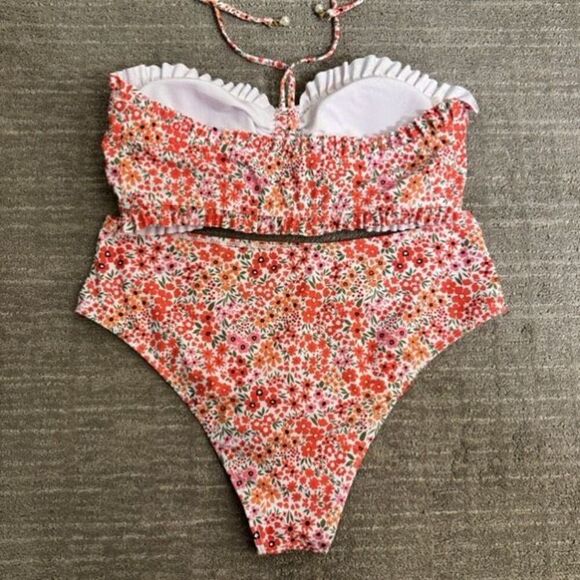 Orange Pink Red Floral Swimsuit Bikini Ruffle Bandeau Halter Top XL NWOT - Picture 2 of 6